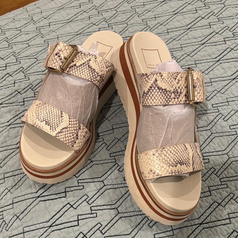 Dolce Vita Cream and Brown Snake Print Platforms